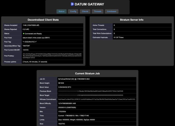 The image shows a Datum Gateway dashboard for solo Bitcoin mining displaying decentralized client stats, stratum server info, and current job details—including a Block Value of 3.55434432 BTC at Hash 961634—while the secondary miner tag "ANTON" and ~2 hour, 44 minutes uptime visually confirm the poster's mention of resuming BIP 110 mining.