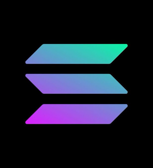 The image displays a stylized "S" logo composed of three parallel horizontal bars with vibrant gradient colors—green-to-teal on top, purple-to-blue in the middle, and pink-to-blue on the bottom—representing the Solana (SOL) cryptocurrency brand, which the post references by predicting SOL will reach the $300 price level again.