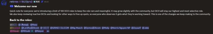 A Discord-style announcement titled 'Welcome our new' from 'retreee // D.I (srcr)' introducing 'DCD' roles, including DCD roles for Relaja, Neez, anUnofficialDicom, BEST, GRND! D!D!COM, Meech, ymosiDicom, ldey, Norris Nguyen NP, Zayza11, and jake.