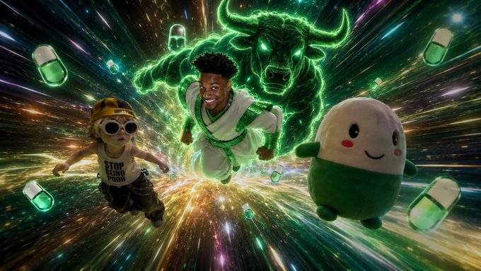 Three figures—a boy in a "STOP HATING POOR" shirt, a young man in green, and a smiling green-and-white pill mascot—surge through a cosmic warp alongside a glowing green bull spirit, embodying the post's triumphant "this is how we ride" energy with a bullish, momentum-charged vibe.