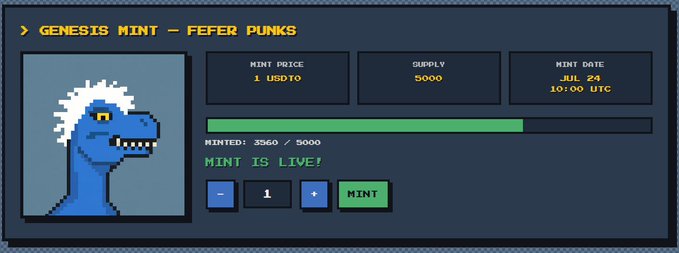 A Genesis Mint interface for "Fefer Punks" shows the collection is currently live with 3,560 of 5,000 NFTs minted, priced at 1 USDTY each, with a mint date of July 24 at 10:00 UTC, complementing the post announcing the mint progress and directing users to feferpunks.xyz/mint.