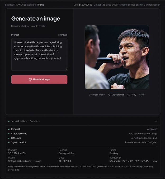 An AI image generation interface shows a prompt for 'close up of a battle rapper on stage during an underground battle event...' with a generated image of two men, one aggressively rapping into a microphone. Cost: $0.002500, 9 steps.