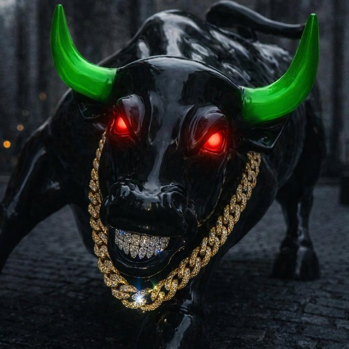 A glossy black bull statue with glowing green horns, red illuminated eyes, diamond-encrusted teeth, and a gold chain necklace.