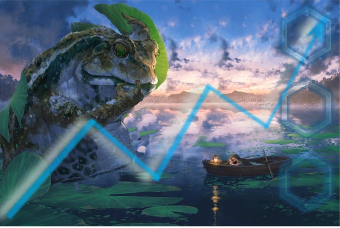 A fantasy digital artwork featuring a large mossy fish-like creature emerging from water on the left, a small boat with a figure on the right, overlaid with a rising blue graph line and hexagonal elements