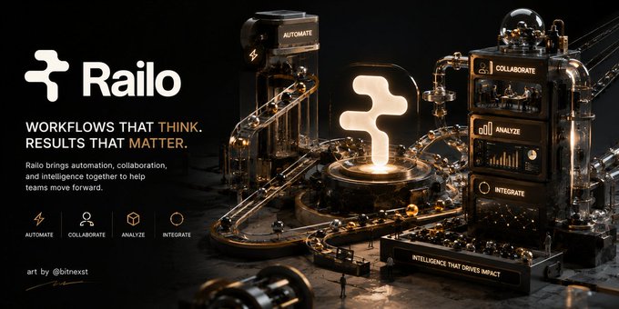 A promotional banner for 'Railo' describes it as 'Workflows that think. Results that matter,' highlighting features to automate, collaborate, analyze, and integrate, with the tagline 'Intelligence that drives impact.'