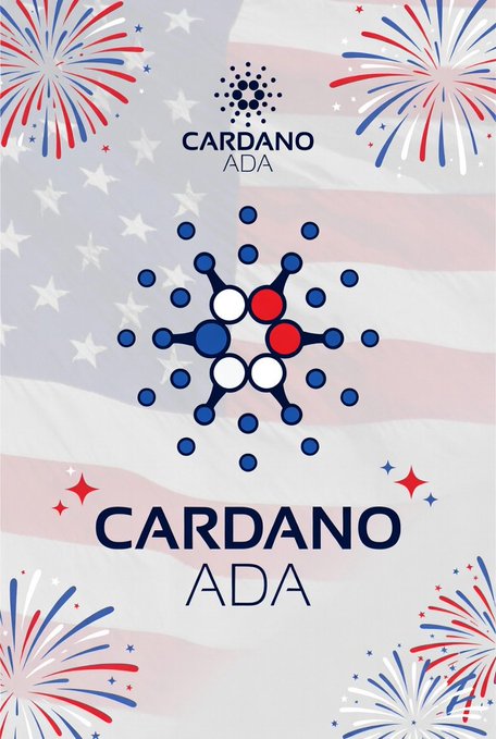 A festive, patriotic-themed graphic features the Cardano (ADA) logo and ticker displayed prominently against a backdrop of the American flag, decorated with red, white, and blue fireworks. The celebratory patriotic imagery aligns with the post's messaging, emphasizing Cardano's reliability, security, and American-friendly features like USDC integration.