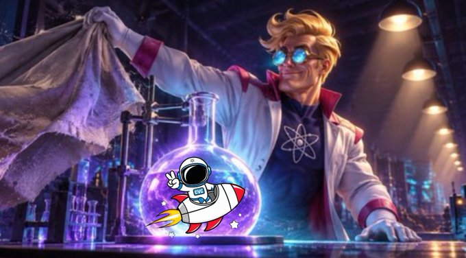 A blonde male character in a lab coat and round glasses smiles while holding a cloth next to a beaker containing a small floating astronaut riding a rocket, set in a high-tech laboratory.