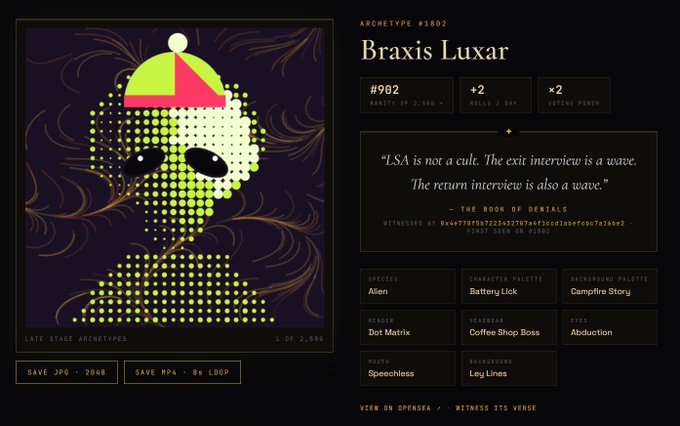 A digital collectible card featuring a dotted alien character with the title 'Braxis Luxar', showing details like #982, Archetype, and a quote about LSA.