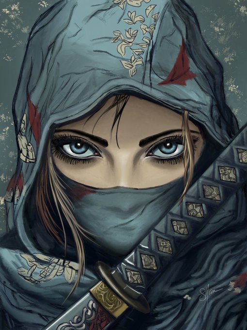 A detailed digital portrait of a female ninja or warrior with striking blue eyes, wearing a blue hood adorned with a red star and leaf patterns, with a sword hilt visible in the foreground.