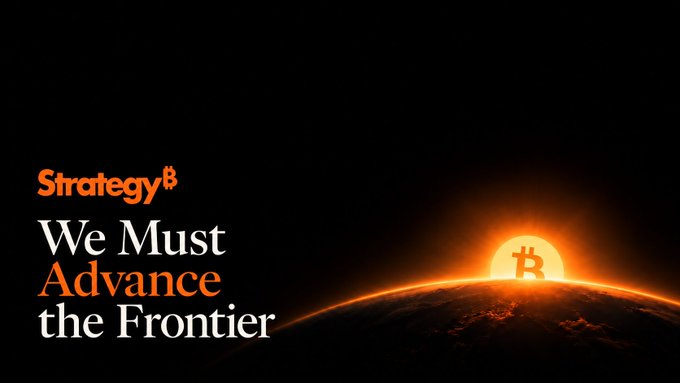 A dramatic sunrise emerges from behind Earth's horizon, with the Bitcoin "₿" symbol glowing like a rising sun in bright orange, paired with the bold text "Strategy³" and the headline "We Must Advance the Frontier," visually reinforcing the post's message about Bitcoin's evolution from digital cash to digital gold, and now toward a new frontier of digital credit, money, and a global financial system built on $BTC.