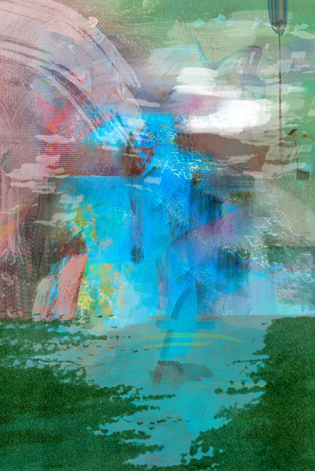 An abstract painting featuring vibrant blue, green, and pink brushstrokes with a textured, impressionistic style.