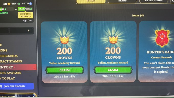 A game or app interface showing an 'Items (4)' menu with two claimable 'Tollan Academy Reward' items offering 200 CROWNS each, plus a 'Hunter's Badge' Creator Reward that is currently unclaimable.