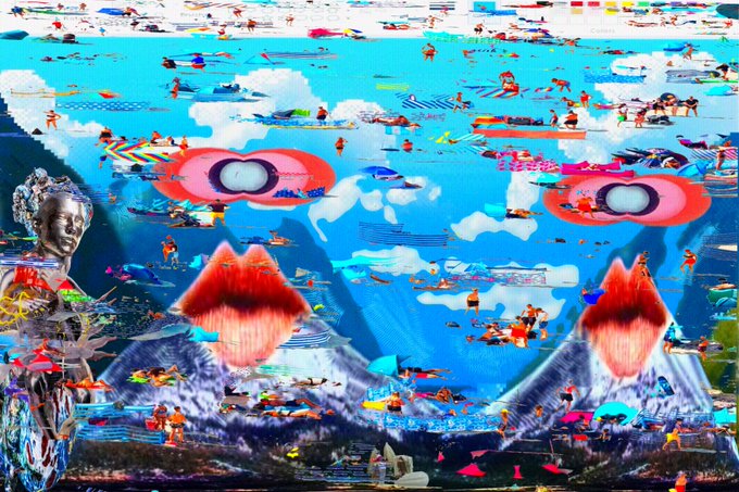 A chaotic, colorful digital collage artwork featuring repeated images of red lips, eyes, and small human figures scattered across a vibrant blue background.