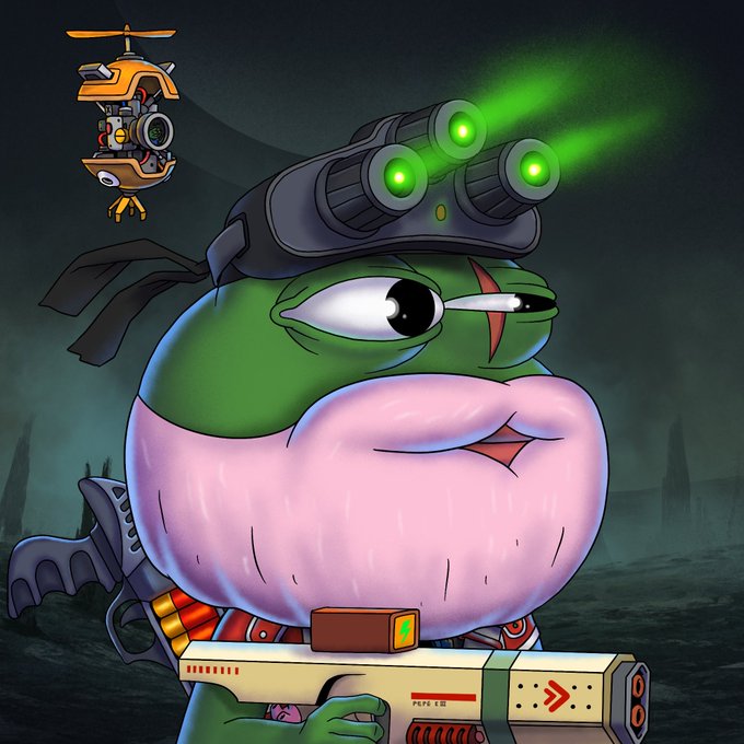 The image features a cartoon character with a beard, wearing glasses and holding a gun. The character appears to be a frog or a monster from another planet. The background of the image shows a dark sky filled with clouds, giving an impression of a stormy night. There is also a helicopter in the scene, which adds to the atmosphere of the image. The post includes text that reads "I already bought over 10 wl of @PepeExplorers OTC from jeuters We will not allow jeuters to mint and if you mint we will buy it from your hand Will be sweeping @ TrystanNFT believe me we will do magic on the 10th without a".