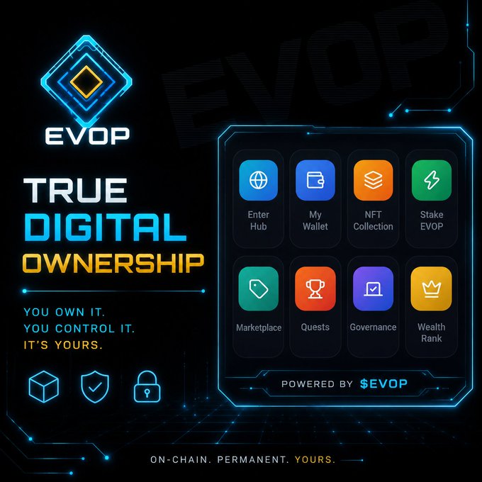 A promotional graphic for "EVOP" displays the tagline "TRUE DIGITAL OWNERSHIP" with "YOU OWN IT. YOU CONTROL IT. IT'S YOURS." alongside a menu of options including Enter Hub, My Wallet, NFT Collection, Stake EVOP, Marketplace, Quests, Governance, and Wealth Rank, marked "POWERED BY $EVOP."