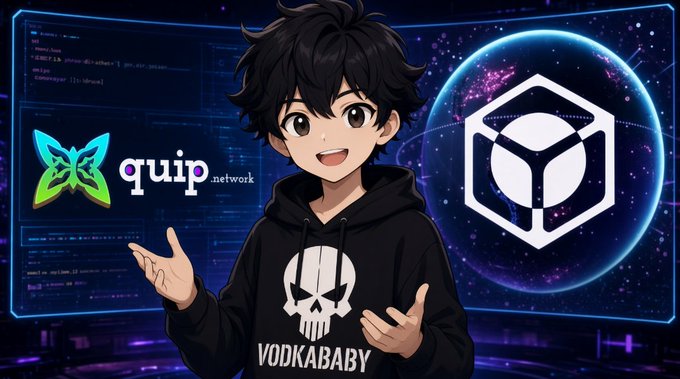 An anime-style character wearing a black 'VODKABABY' hoodie with a skull logo, gesturing in front of the Quip Network logo and a hexagonal cryptocurrency symbol on a digital background.