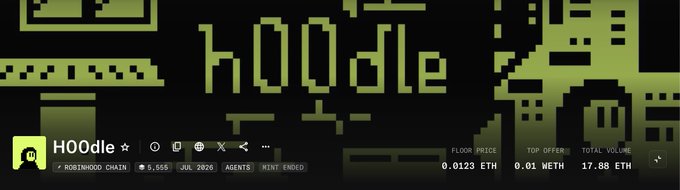 The image is a promotional graphic for the token "HOOdle," featuring pixel-art "doodle" figures, a price of 0.0123 ETH, and a total volume of 17.88 ETH. It aligns with the announcement that staking is live for $H00dle, offering rewards of $H00 + $TSLA, marking an early milestone for the Robinhood Chain-based project.
