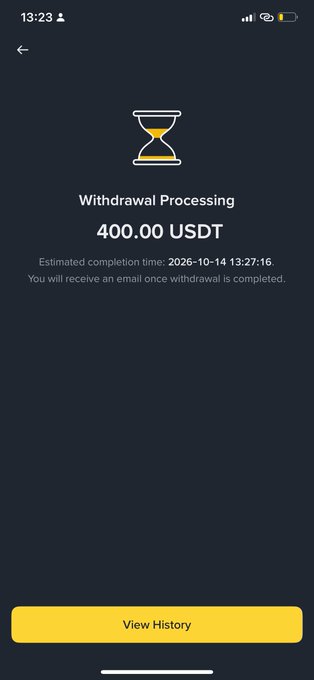 A mobile app screen displays 'Withdrawal Processing' for '400.00 USDT' with an estimated completion time of '2026-10-14 13:27:16' and a yellow 'View History' button.