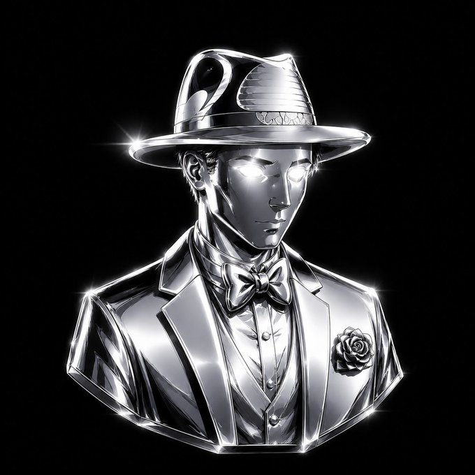 A chrome/metallic stylized bust of a man wearing a fedora with a rose lapel pin and bow tie, with glowing eyes.