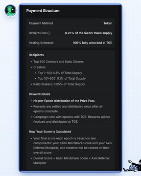 An information panel detailing a token payment structure with 0.25% of $AKIS supply as reward pool, 100% unlocked at TGE, and allocation breakdown for creators, top holders, and Kaito stakers.