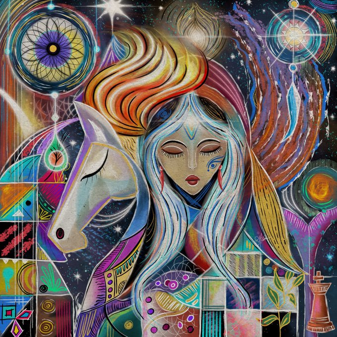A vibrant, colorful illustration of a serene woman with flowing orange and blue hair standing beside a unicorn against a cosmic, starry background with mandalas and abstract patterns.