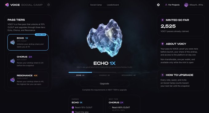 The image shows the "VOICY Social Camp" interface displaying a "Pass Tiers" page for the ECHO 1X tier, with 2,525 passes already claimed out of the maximum supply, and upgrade options to CHORUS 2X and RESONANCE 4X tiers—all supporting the post's message about over 2,500 passes being claimed at voice.cc/mint.