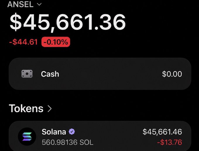 A wallet screenshot for "ANSEL" displays a balance of $45,661.36, holding 560.98136 Solana (SOL) valued at $45,661.46, with $0.00 in cash—shown likely to demonstrate the account's worth in connection with the announcement to airdrop Solana to commenters.