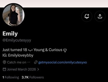 The image shows a Twitter/X profile for "Emily" (@Emilycutesyyy), an 18-year-old with 3.7K followers and a bio referencing IG and GetMySocial, alongside a circle photo of a young woman. It relates to the post about Michael Saylor following the account by implying surprise that the prominent Bitcoin advocate would follow such a seemingly young, modest follower base, suggesting curiosity or speculation about why a notable figure interacted with this profile.