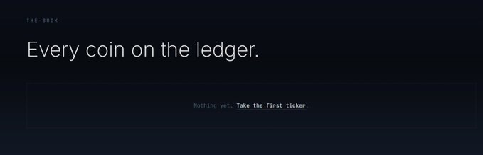 A dark-themed webpage header titled "Every coin on the ledger" with an empty state message reading "Nothing yet. Take the first ticker." The image promotes launching a token directly on the Zcash mainnet, encouraging viewers to be the first to populate this empty ledger of Zcash-based tokens.