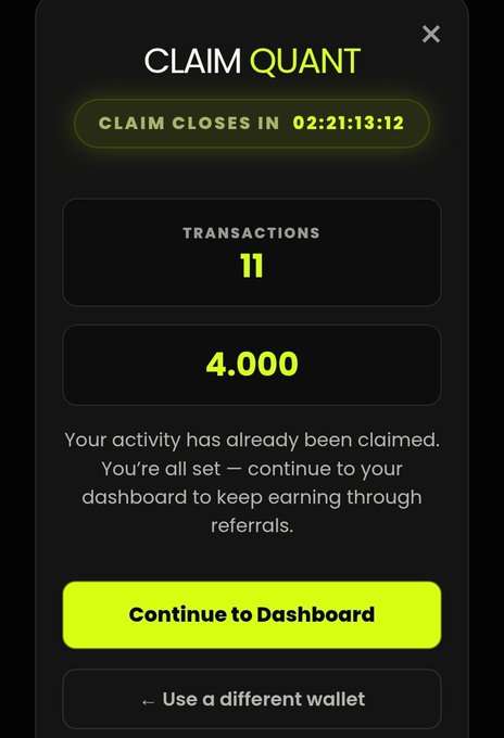 A digital interface screen titled 'CLAIM QUANT' with a countdown timer, displaying 11 transactions and a value of 4.000, along with a yellow button that says 'Continue to Dashboard'.