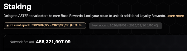 A screenshot of a Staking interface for ASTER token, showing 'Network Staked 456,321,997.99' with current and next epochs labeled (2026/07/27 - 2026/08/03 and 2026/08/03 - 2026/08/10).