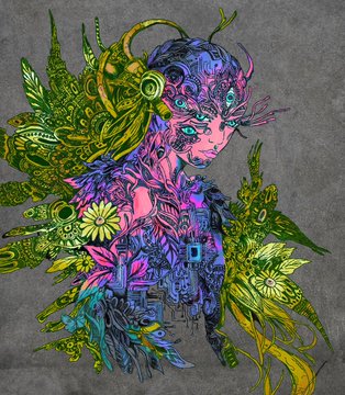 A vibrant, colorful psychedelic digital illustration of a female figure adorned with floral and mechanical patterns, featuring glowing blue eyes, purple hair, and green, pink, and blue hues.