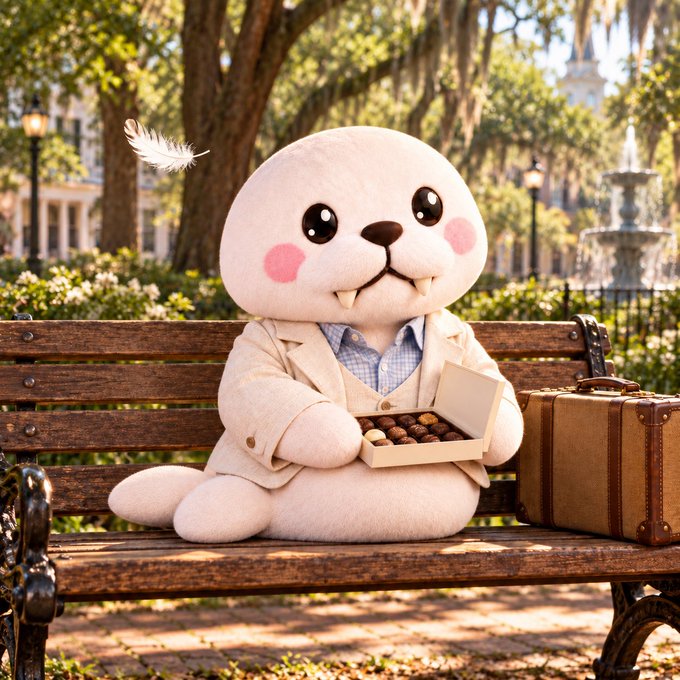 A cute plush seal character wearing a beige suit sits on a park bench holding an open box of assorted chocolates, with a vintage suitcase beside it.