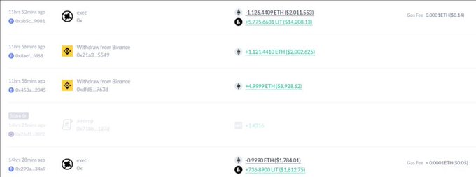 A screenshot showing cryptocurrency transaction records including ETH withdrawals from Binance and other exchanges, with user IDs, amounts, and gas fees visible.