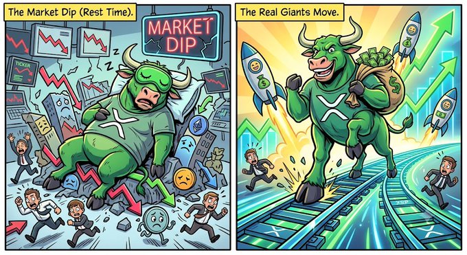 A two-panel cartoon illustration: 'The Market Dip (Rest Time)' showing a green bull figure slumped among falling red arrows, and 'The Real Giants Move' showing a triumphant green bull running with rockets and money.
