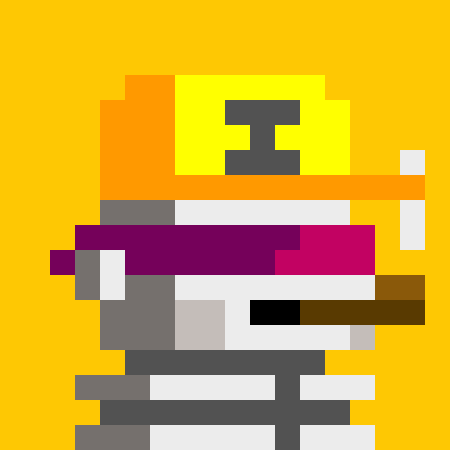 Pixel art of a figure wearing a yellow hard hat and purple/red/black clothing against a yellow background.