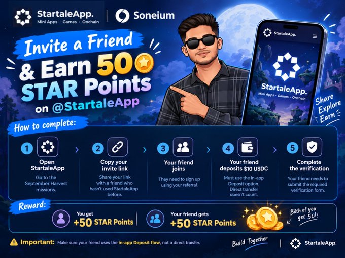 A promotional graphic for StartaleApp on Soneium offering 50 STAR Points for inviting a friend, with step-by-step instructions for the referral program.