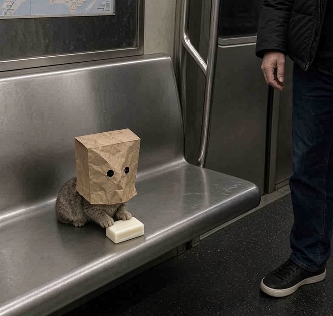 A small gray cat sits on a subway bench with a brown paper bag over its head, with two eye holes cut out, while a small bar of soap rests in front of it.