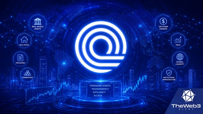 A digital blue-themed graphic featuring the Ondo logo centered within a futuristic network visualization, surrounded by labeled hexagonal icons representing key sectors including "Real World Assets," "On-Chain Finance," "Real Estate," "Yield," "Treasuries," "Global Liquidity," "Commodities," and "Institutional Infrastructure," with the core values "Tokenized Assets, Transparency, Efficiency, Access" displayed below, branded by TheWeb3 Radar—visually reinforcing ONDO's positioning as a leader in institutional RWA tokenization.