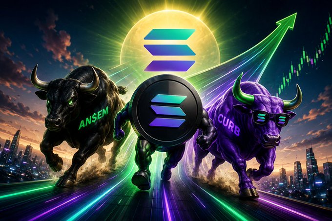 Three bulls, labeled $ANSEM, $SOL, and $CURB, charge forward with a rising green stock chart in the background, symbolizing a bullish market with Solana as the central driving force.