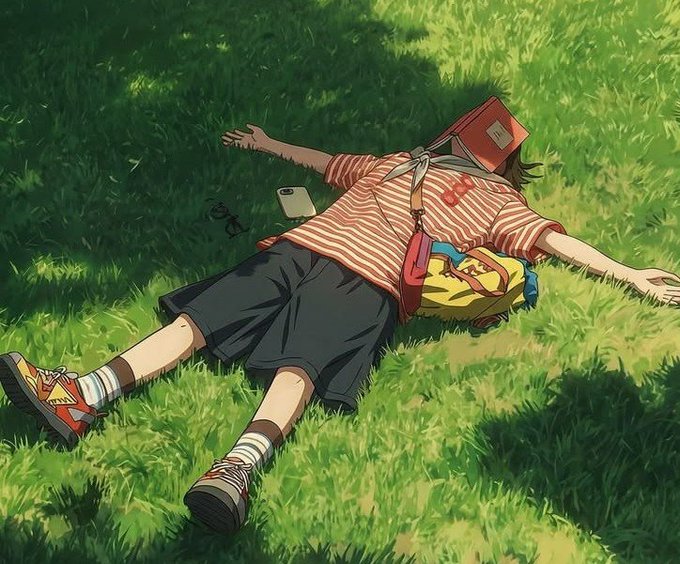 An anime-style illustration of a person lying spread-eagle on green grass, wearing a striped shirt, dark shorts, and red sneakers, with a book on their face, sunglasses, a phone, and a yellow backpack nearby.