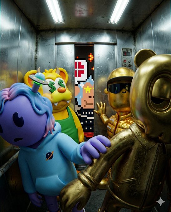 A surreal scene shows cartoonish characters including a yellow creature and a golden astronaut figure inside a metallic elevator with a pixelated character visible through the doorway.