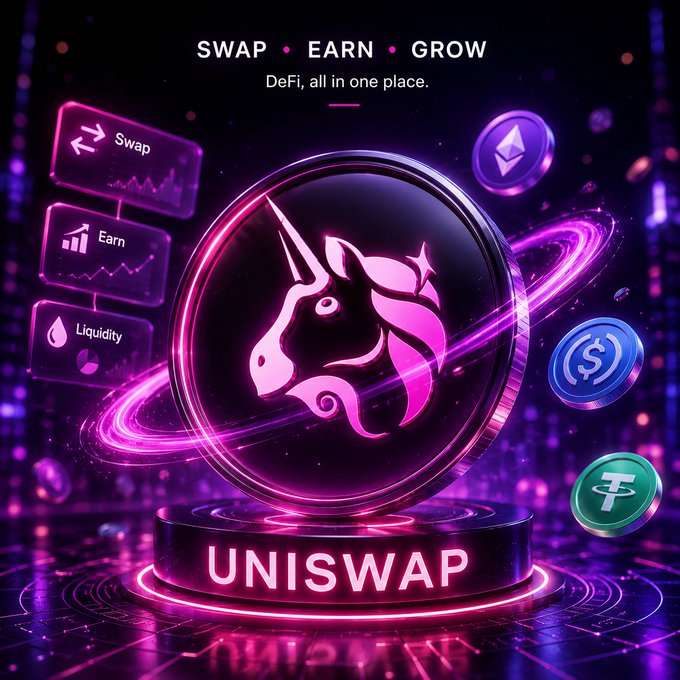 A vibrant pink and purple promotional graphic for 'UNISWAP' featuring a unicorn logo on a pedestal, surrounded by icons for Swap, Earn, Liquidity, Ethereum, USDC, and Tether, with the tagline 'SWAP • EARN • GROW DeFi, all in one place.'