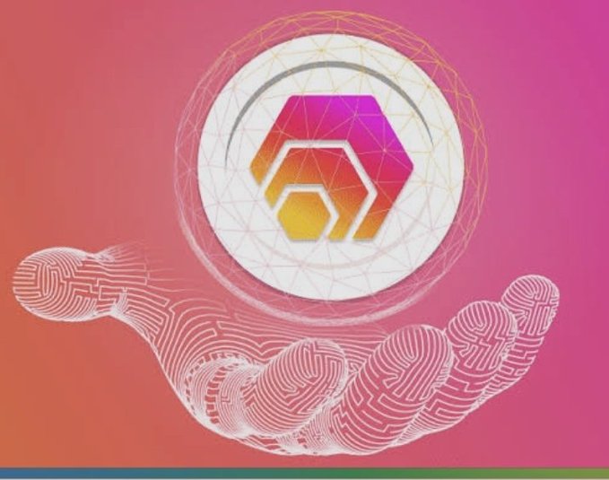 A stylized hand made of digital circuit lines holds up a glowing hexagonal "$HEX" logo emblem against a vibrant pink and orange gradient background. The image visually reinforces the post's message about $HEX on PulseChain by depicting careful handling of the token amid its heavily locked and staked supply.