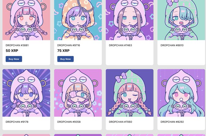 A grid of colorful anime-style NFT character illustrations called 'DROPCHAN' in various designs and colors, with some listed for sale at 50 XRP and 75 XRP.