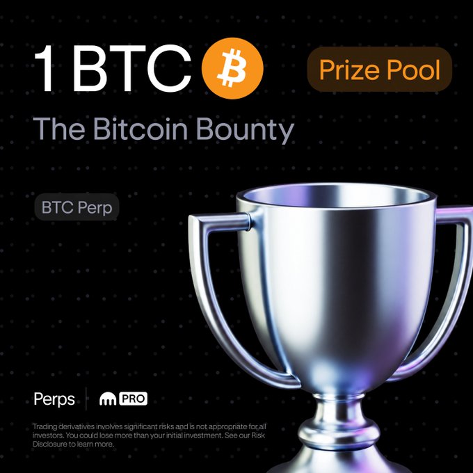 A promotional graphic featuring a silver trophy on a dark background, advertising "The Bitcoin Bounty" with a "1 BTC Prize Pool" for BTC Perp trading. The "Perps PRO" branding and risk disclaimer at the bottom align with the post announcing a trading competition where top 600 traders by realized PnL will split 1 BTC from August 19 to September 19.