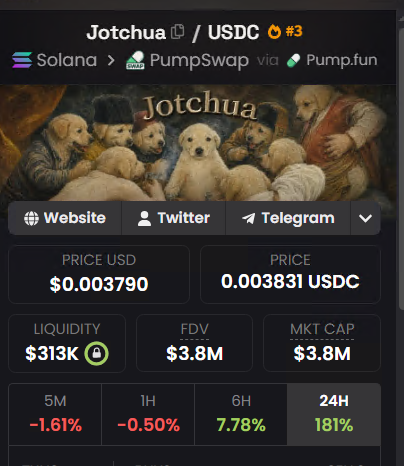 A trading dashboard for the Solana-based meme token "Jotchua" (paired with USDC) on PumpSwap, showing a price of $0.003790 USDC, $313K liquidity, and a $3.8M market cap. The image supports the post's bullish "generational run" sentiment by displaying a massive 181% gain in the 24H timeframe, despite minor dips in the 5M and 1H windows.