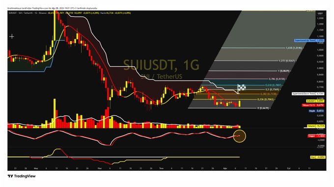 TradingView chart of #SUIUSDT on the 1G timeframe posted by WhiteNoise on Oct 28, 2024, showing a BUY signal after the Tillson level crossed positive above $0.6792, with a short-term target of $0.7569 and stop/support at $0.6622 marked on the chart alongside broader support and resistance zones.