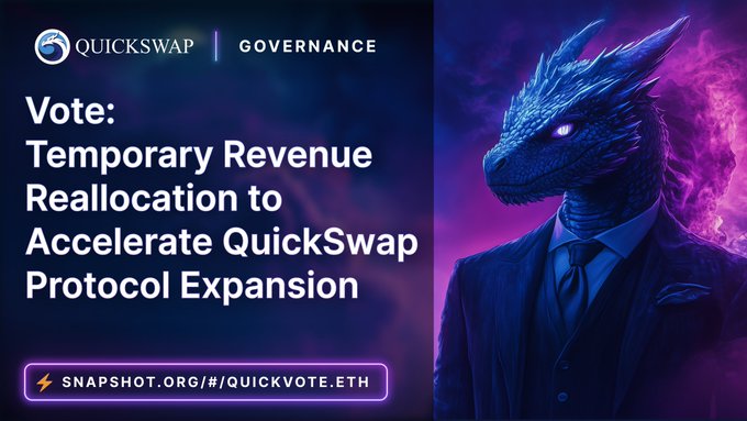 A QuickSwap governance announcement featuring a blue dragon in a suit against a purple backdrop, prompting $QUICK holders to vote on a proposal to temporarily reallocate revenue for protocol expansion via snapshot.org/#/QUICKVOTE.ETH, with voting ending Monday, August 10 at 12:00 PM UTC.