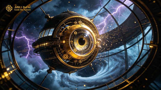 A dramatic digital artwork featuring a large mechanical eye orb with golden rings and lightning effects against clouds, branded with "ARK | DeFAI - Code the Future" in the top left.